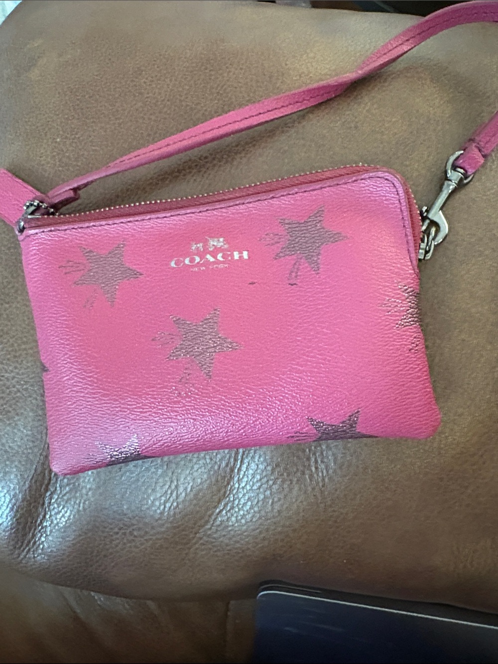 Coach Pink Star-Print Leather Crossbody Wristlet